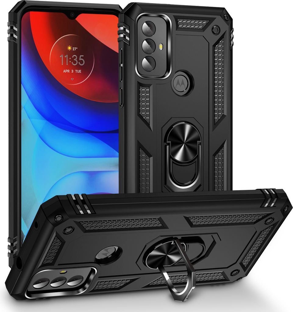 Schutzhülle für Motorola Moto G Play 2023 Dual Layer Robust Militäre Fallschutz Hülle mit Ringhalterung Ständer Schwarz