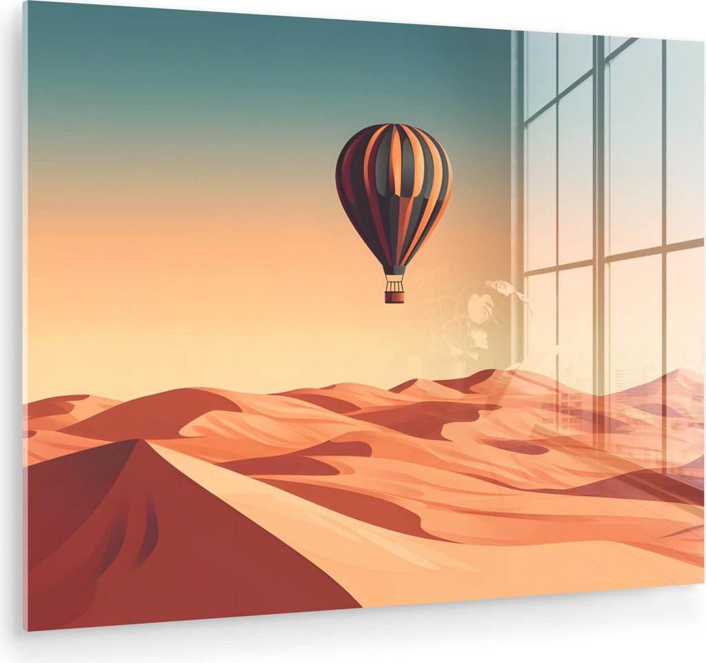 MuchoWow Glasbilder - Bilder auf Wandbild - Foto auf Glas Heißluftballon - Wüste - Sonnenuntergang - Blau 40x30 cm Wanddekoration aus Glas - Acry...