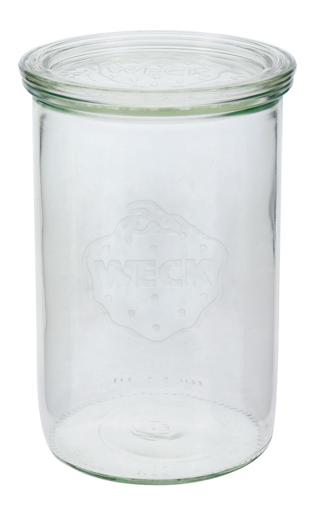 A clear glass jar with a lid, on a white background.