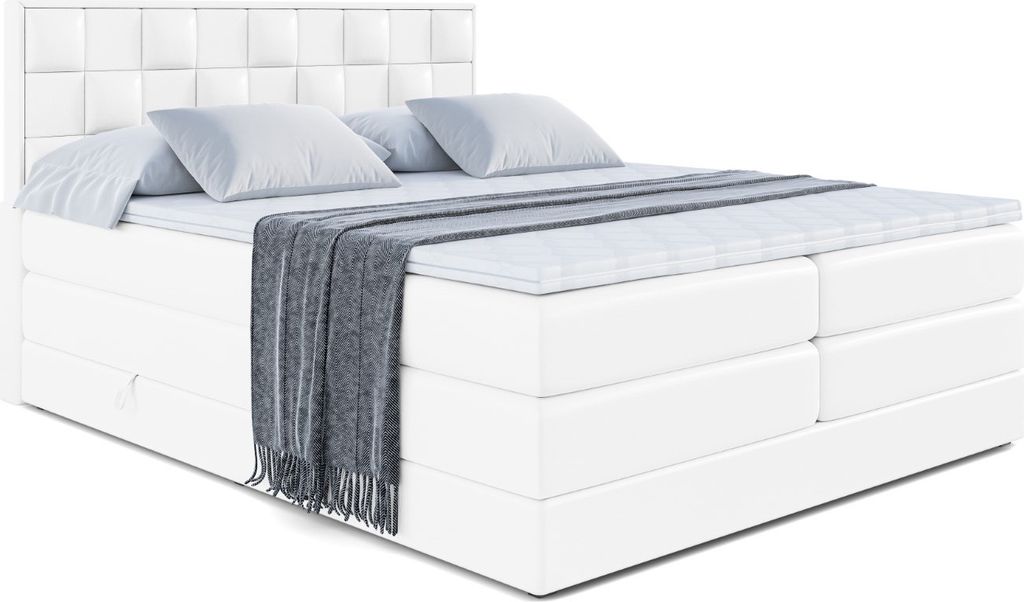 ALTDECOR Boxspringbett mit 2 Matratzen und Topper - 160x200 cm - ZAFIRA-BZ KING - Weiß Kunstleder - Polsterbett mit, H3- und H4- Matratzen, Bettka...