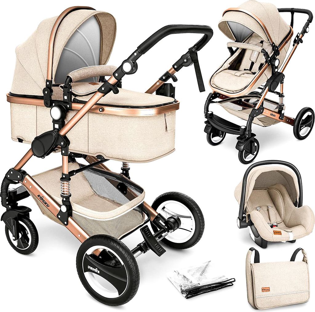 A collage of a baby stroller set, including a bassinet, a seat, a car seat, and accessories, presented on a white background.