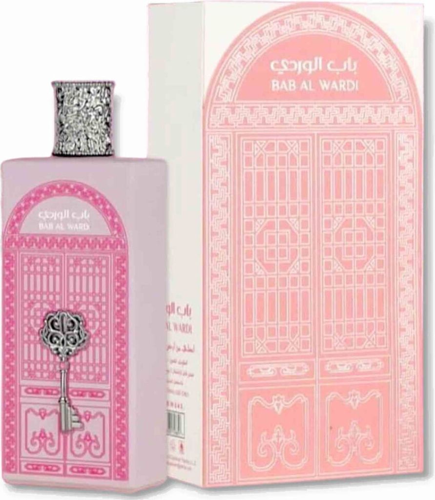 A bottle of perfume and its packaging are displayed against a white background.