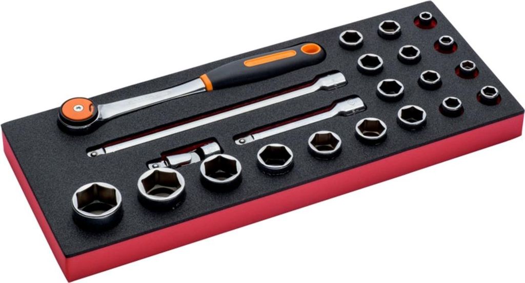 Bahco Fit&Go 1/3 Einlage mit 1/2-Steckschlüssel-Einsätzen und Knarren mit rundem Schlagkopf - 22-tlg.