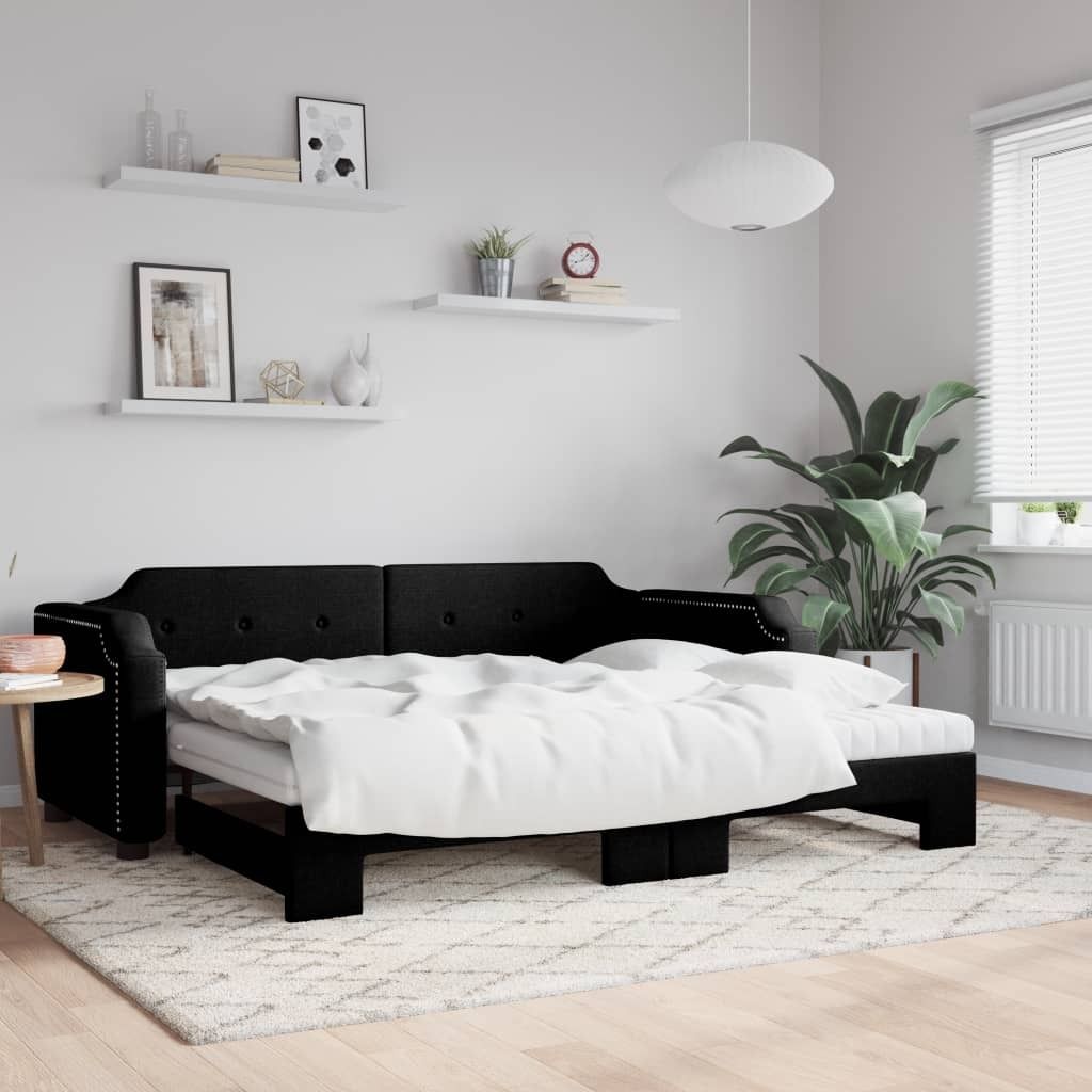 Design Möbel Tagesbett Ausziehbar mit Matratzen Schwarz 80x200 cm Stoff - 2024 Neu