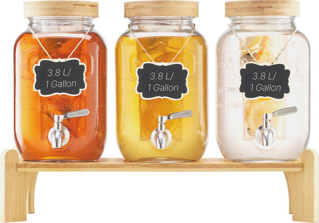 VEVOR Getränkespender (3 x 3,8 L) für Partys Saftspender (aus Glas) mit tropfsicherem Zapfhahn & Holzständer Wasserspender für Restaurants Part...