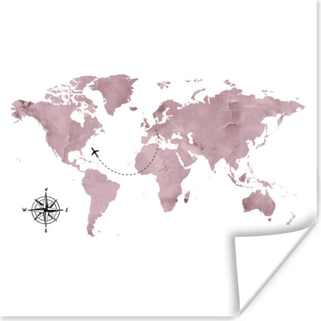 MuchoWow Poster Weltkarte - Aquarell - Windrose 50x50 cm - Wohnzimmerdekoration