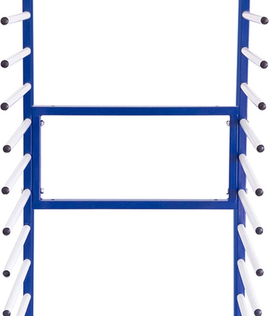 A close-up view of a blue metal drying rack with white rods extending from the sides.