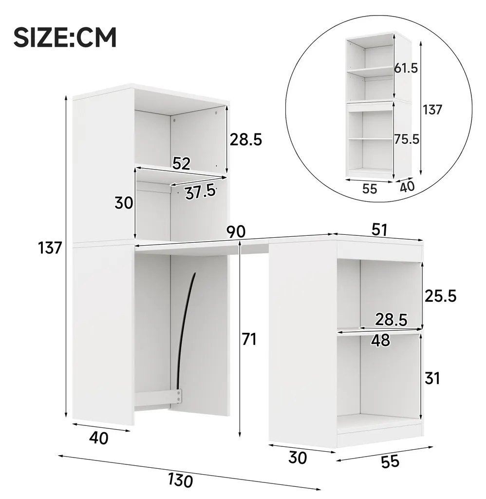 Bureau avec Compartiments de Rangement 130 cm Design Compact Blanc