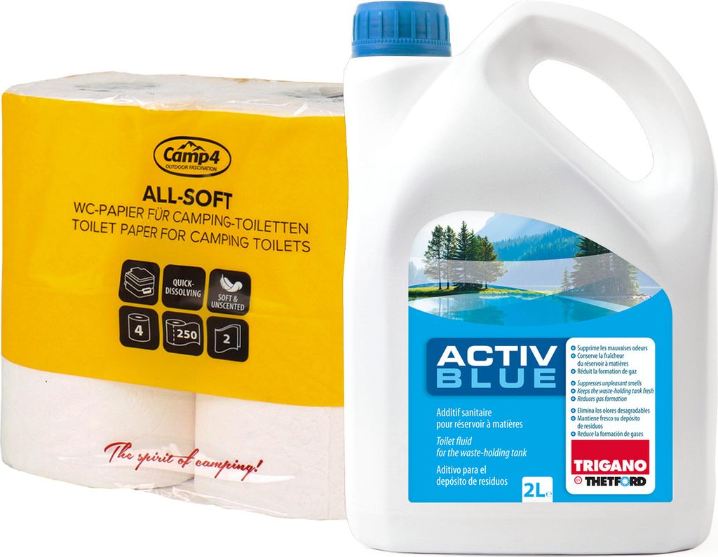 Thetford Activ Blue Toiletten Zusatz für den Abwasserbehälter Sanitärflüssigkeit + All Soft Toilettenpapier speziell für Campingtoiletten