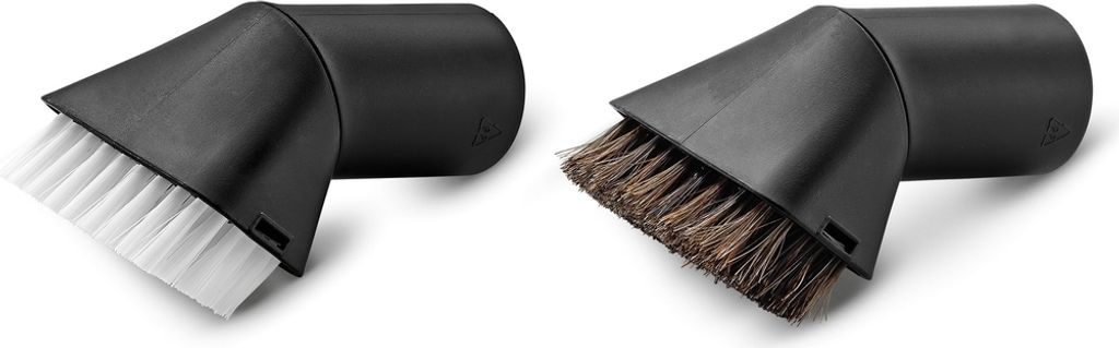 Two angled vacuum cleaner attachments with brushes are shown against a white background. One attachment has white bristles, and the other has brown bristles.