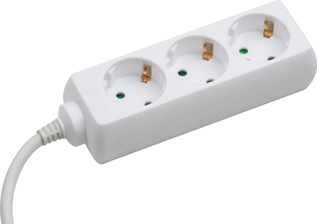 A white power strip with three sockets and a white cable, isolated on a white background.