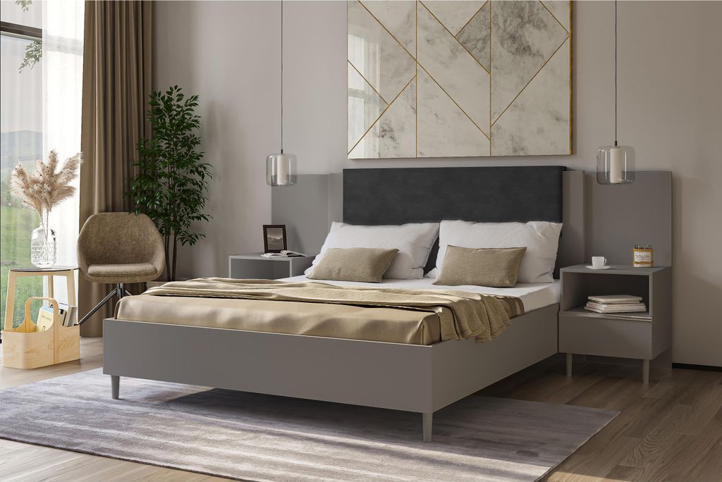 Polsterbett mit Holzrahmen ZAGALLO 160 cm Graues Bett mit Bettkasten und Holzlattenrost Holzbett für Matratze mit Füßen, Breite: 160 cm, Stoff: ...