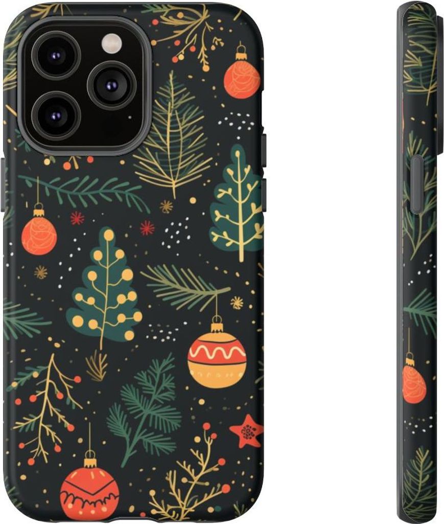 Festliches Weihnachtsmuster mit Tannenzweigen und Christbaumschmuck – Hülle Kompatibel mit iPhone 14 Pro Max