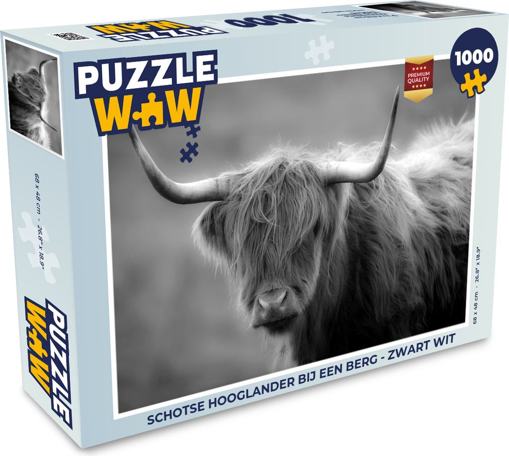 MuchoWow Puzzle 1000 Teile Schottischer Highlander in der Nähe eines Berges - schwarz und weiß - Erwachsene - Rätsel