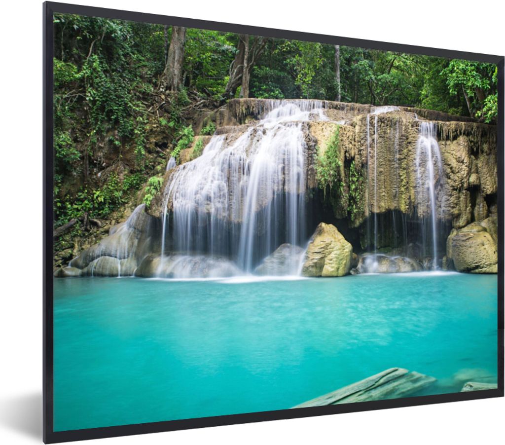 MuchoWow Gerahmtes Poster Wasser - Wasserfall - Bäume 40x30 cm - Poster mit Schwarzem Bilderrahmen Wandposter Rahmen Foto Bilder - Kunstposter -...