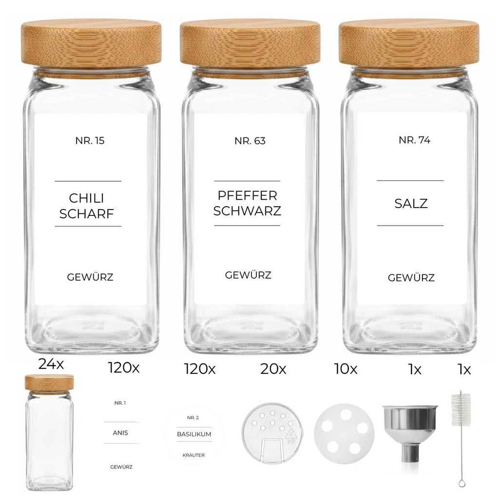 A collection of glass spice jars with bamboo lids and various accessories, laid out on a white background.