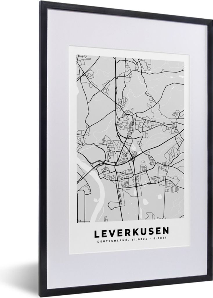 MuchoWow Gerahmtes Poster Karte - Leverkusen - Deutschland - Stadtplan - Karte 40x60 cm - Poster mit Schwarzem Bilderrahmen Wandposter Rahmen Fot...