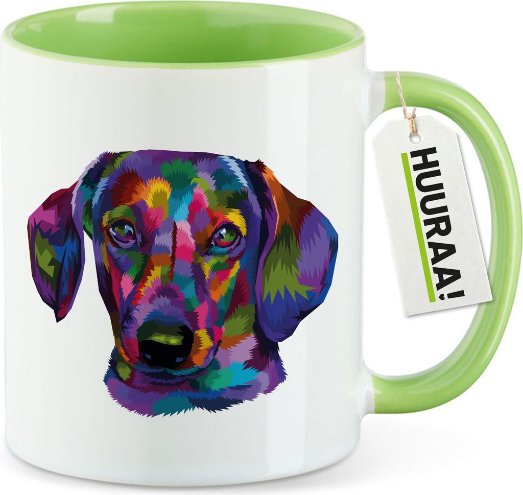Huuraa Kaffeetasse Dackel Colorful 330ml Grün Keramik Kaffeebecher Geschenkidee