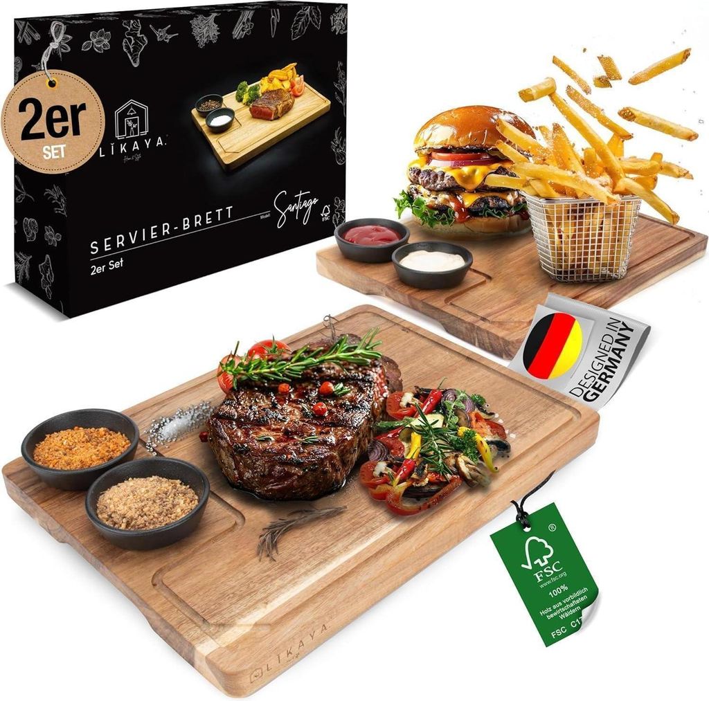 Servierbrett XXL 2er Set Akazien-Holz Saucen Schüsseln Produktbild 