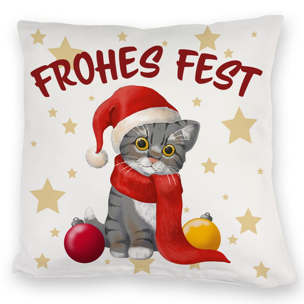 Katze mit Mütze Kuschelkissen mit Spruch Frohes Fest