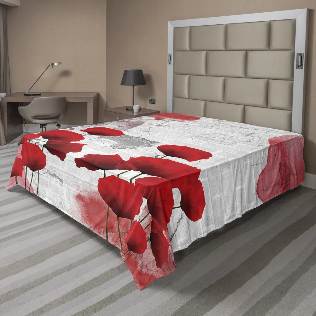 Drap plat doux fleurs rouges sur mur de briques gris 244x205 cm 1pc