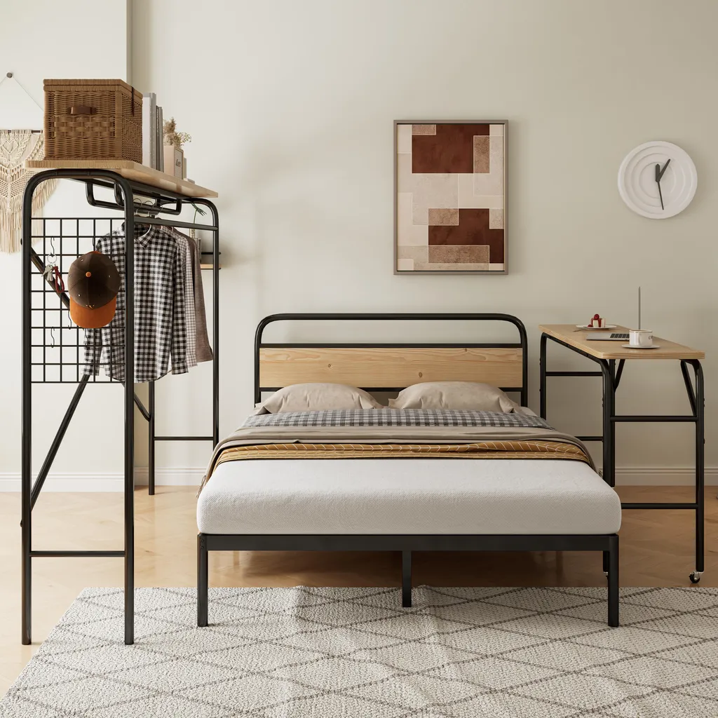 Pack Chambre Adulte 140x200cm Lit Métal et Mobilier de Bureau Amovible