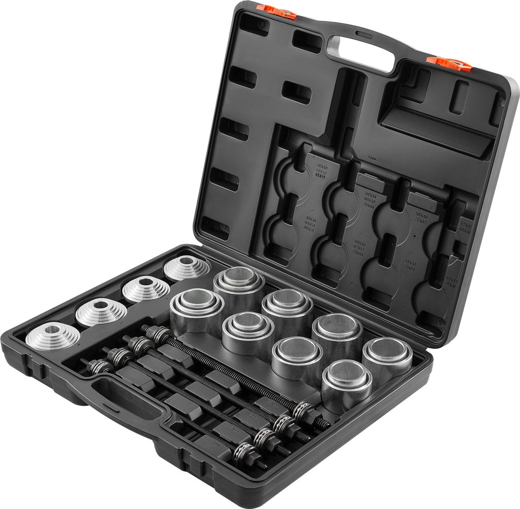A black plastic carrying case containing a set of metal bearing puller and installer tools.