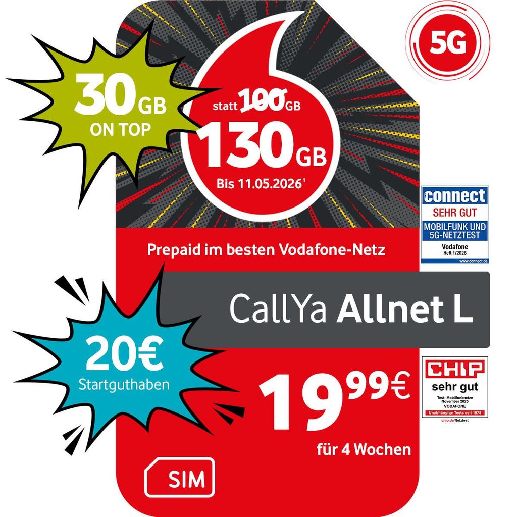 Vodafone Prepaid CallYa Allnet L | 130 GB statt 100 GB | 20 EUR Startguthaben | ohne Vertrag | 5G-Netz | Telefon- SMS-Flat | EU-Roaming