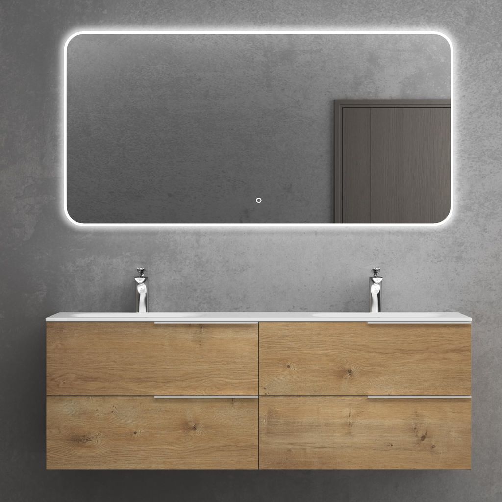 doporro Badmöbelset Waschbeckenunterschrank in Kerneiche 144x48x52cm Unterschrank mit Mineralguss-Doppelwaschbecken Badezimmer mit 4 Schubladen in...