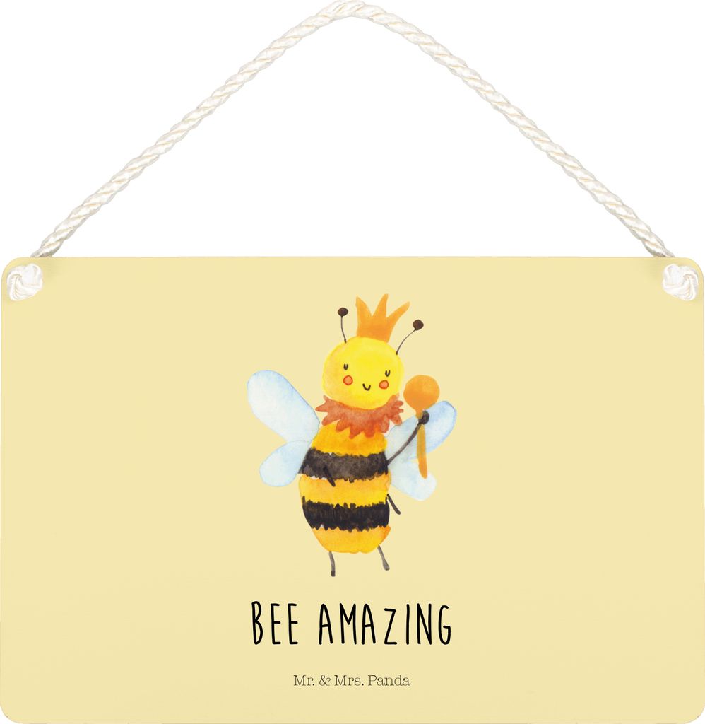 Mr. & Mrs. Panda Schild Biene König DIN A5 - Gelb Pastell - Geschenk, kleine aufmerksamkeit, wandtafel, Türschild, holzbild, Wandbild Holz