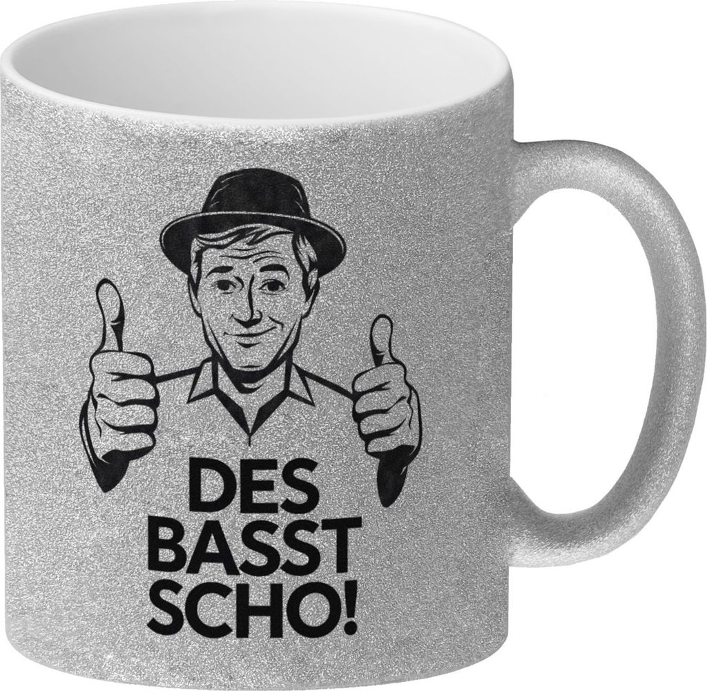 Mann mit Daumen hoch Des basst scho Glitzer-Kaffeebecher