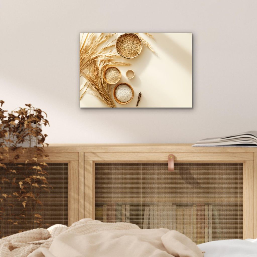 MuchoWow Wanddekoration Metall Metallbild Wandkunst 30x20 cm Müsli - Holz - Schale - Beige MuchoWow Aluminium Gemälde - Aluminiumgemälder