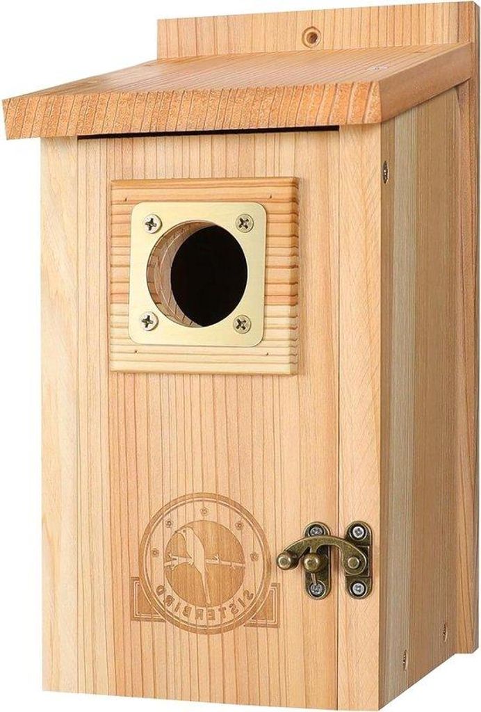 Vogelhäuser aus Zedernholz mit Kupferschutz, blau