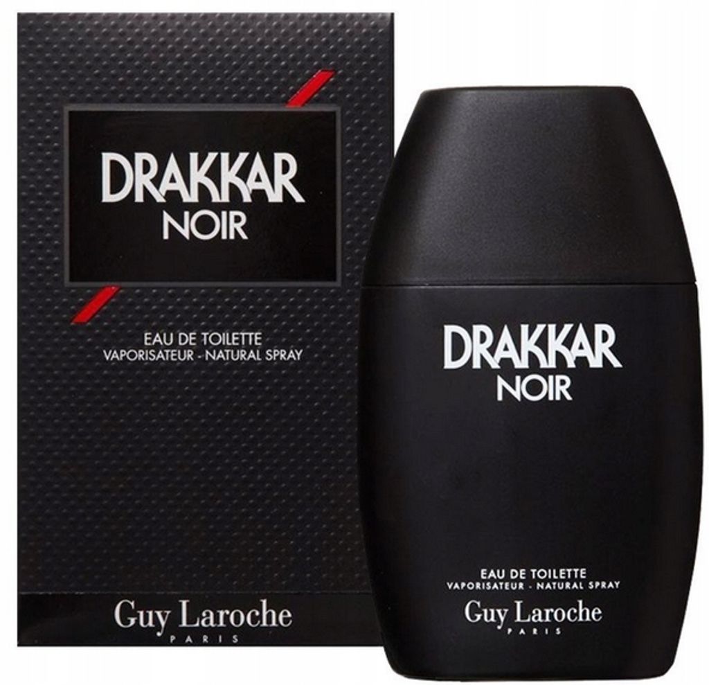 A bottle of Drakkar Noir cologne and its packaging are displayed against a white background.
