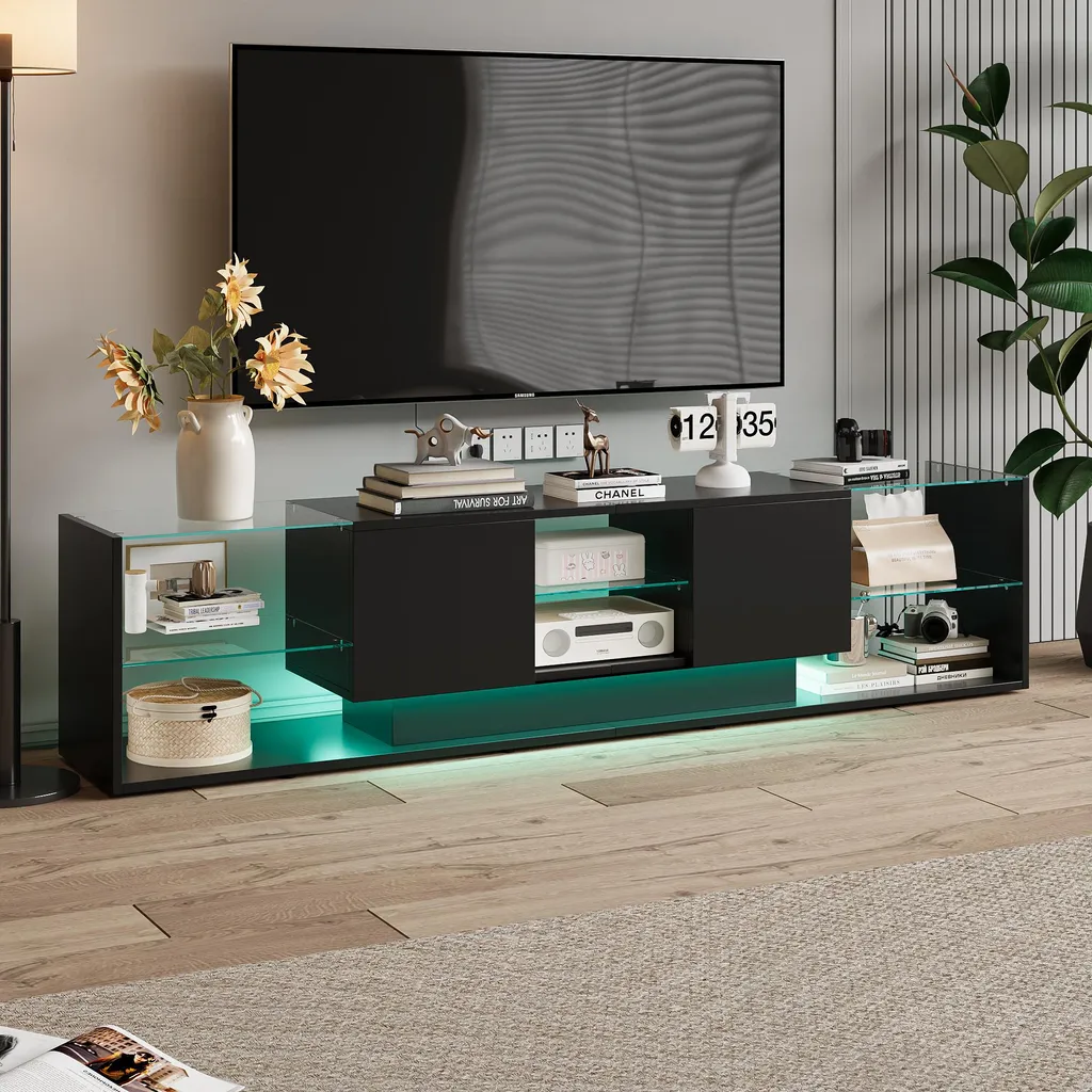 Meuble TV avec LED et 6 niches de rangement, coloris noir mat