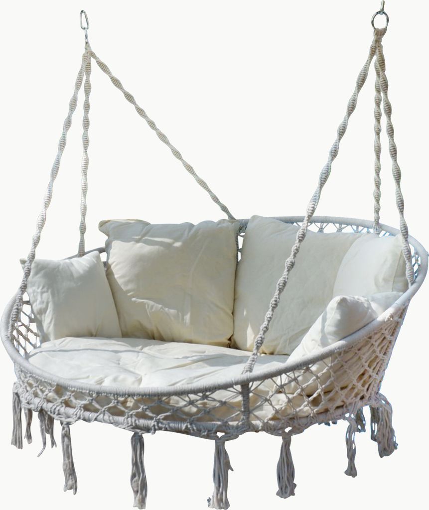 A white double hanging chair with cushions, suspended by ropes.