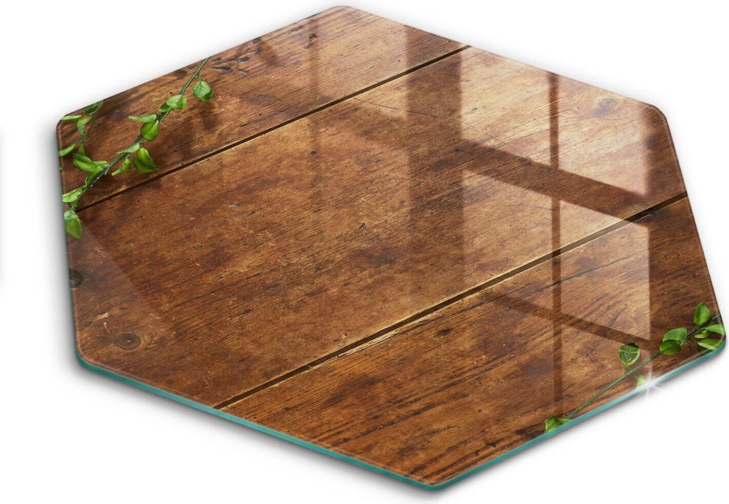 Glasschneideplatte - Herdabdeckplatte - Hexagon 40 cm -Schneidebrett - Spritzschutz - Holzbretter und Blätter