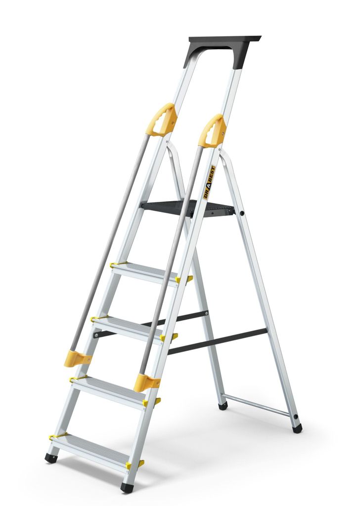 Drabest | Leiter - 5 Stufen, Tragfähigkeit 150kg - Leiter mit Handläufen, Alu Leiter, Anti-Rutsch-Füße, Trittleiter, Klappleiter