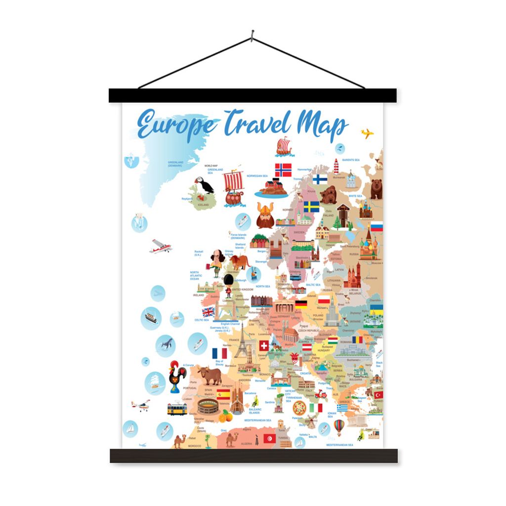 MuchoWow Textilposter Karte - Europa - Reisen 40x53 cm mit schwarzem Rahmen - Abbildung