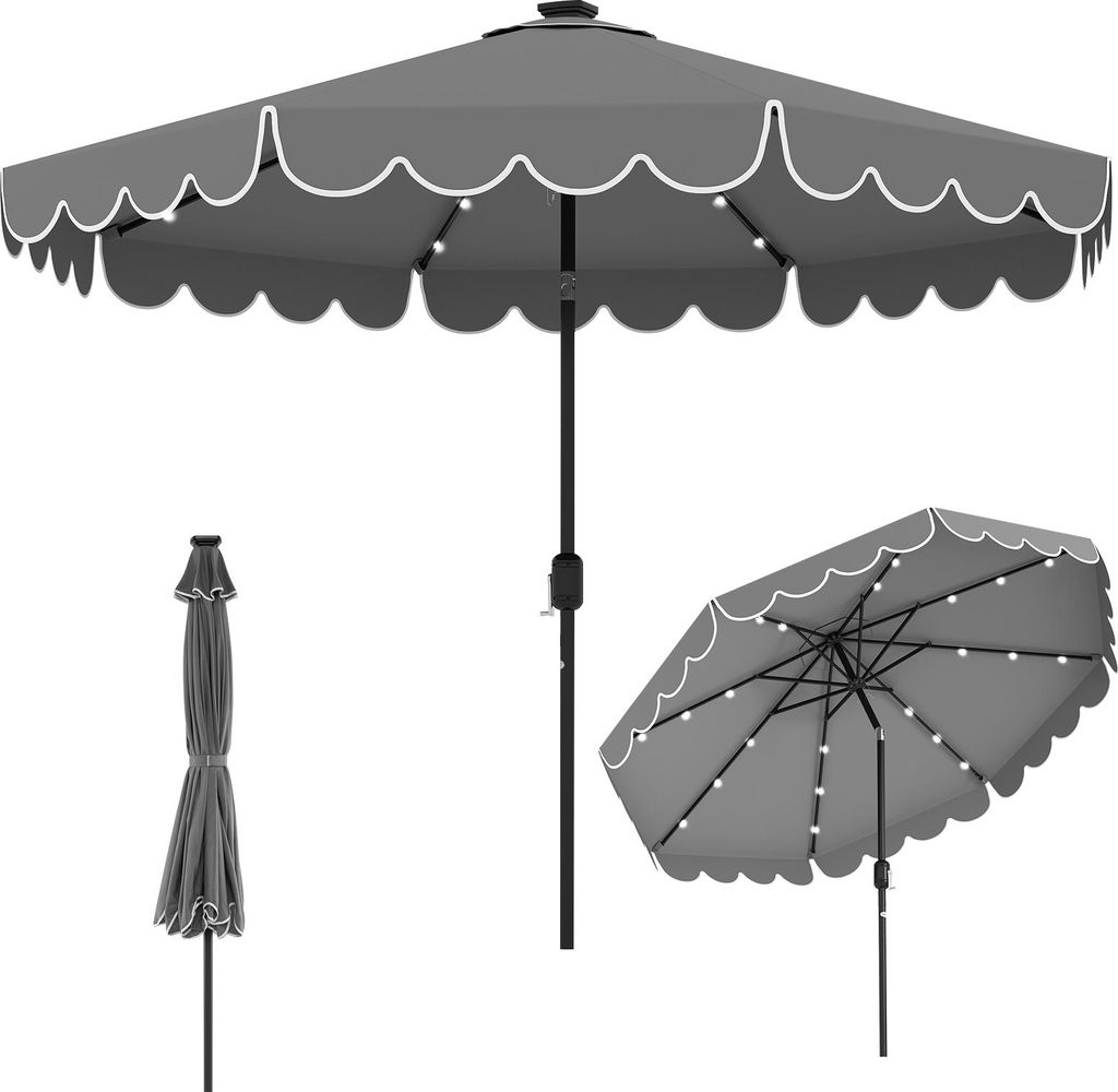 COSTWAY Sonnenschirm 300cm mit LED-Beleuchtung, Gartenschirm mit Kurbel, 8 Rippen & Volant, beidseitig um 35° knickbar, Marktschirm Grau