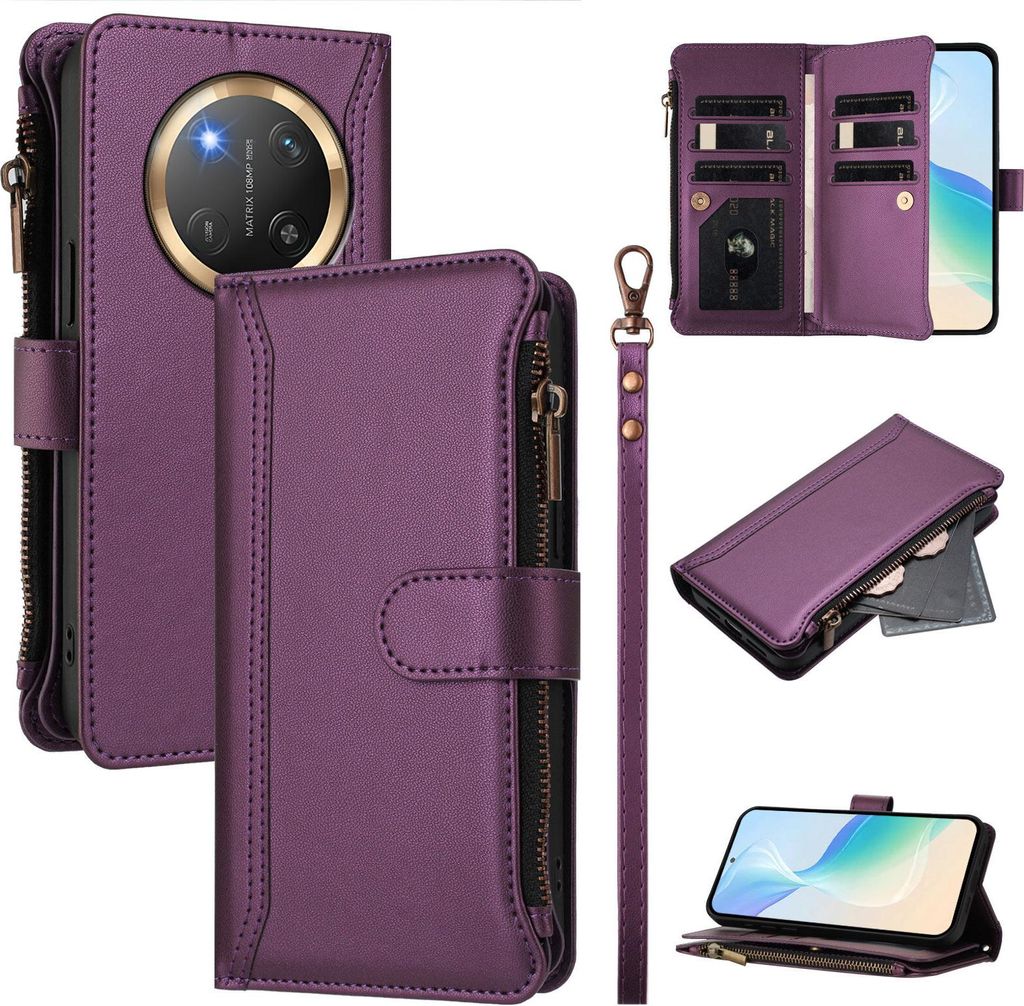 Handyhülle für Honor X9C/Magic7 Lite Reißverschluss Geldbörse Kunstleder Klapphülle mit Kartensteckplatz, Ständer, Handschlaufe Lila