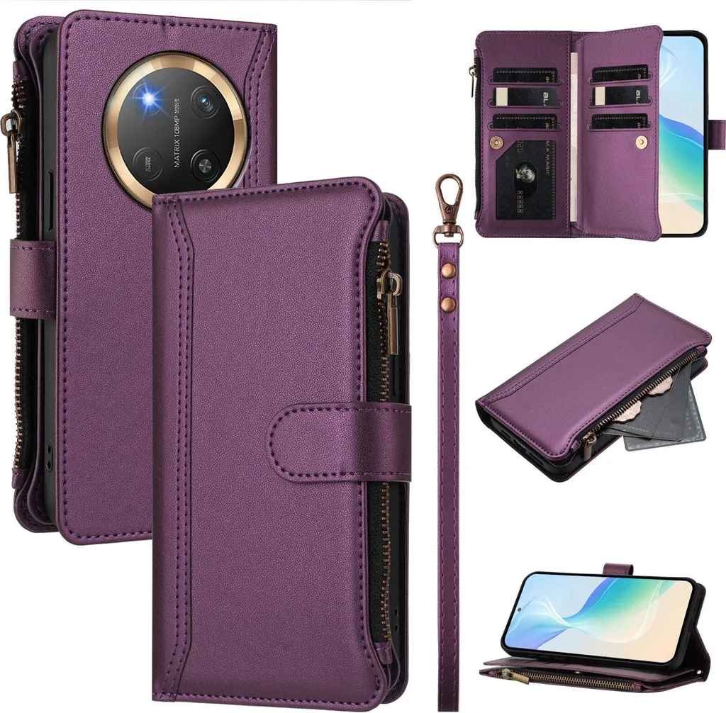 Cover Portafoglio Honor Magic7 Lite / X9C Viola con Zip e Tasche Carte