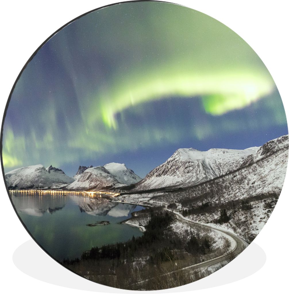 MuchoWow Aluminium Wandkreis Nordlichter - Meer - Berge Ø 90 cm Wanddeko Modern Wohnzimmer - Mauerkreis - Wandbilder - Runde Bild - Bild aus Alu...