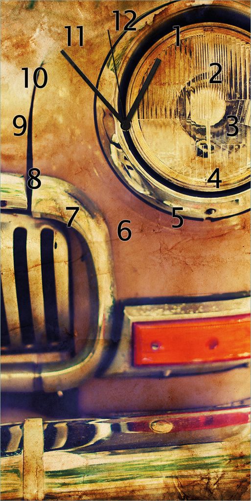 Wallario Design Wanduhr Antiker Oldtimer in Sepiafarben - Frontansicht aus Echtglas, Größe 30 x 60 cm