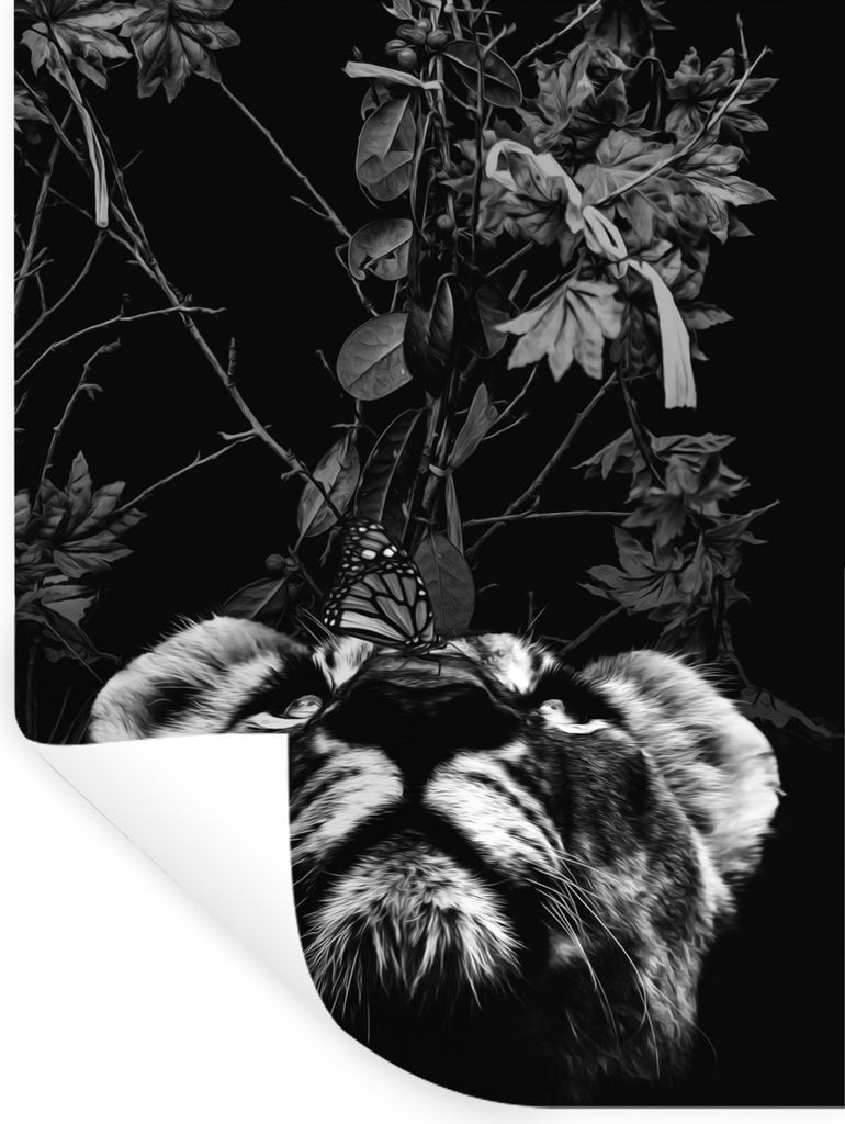 MuchoWow Wandtattoo Wandsticker Wandaufkleber Ein Tiger mit einem Schmetterling auf der Nase und Blumen - schwarz und weiß 120x160 cm Selbstkleb...