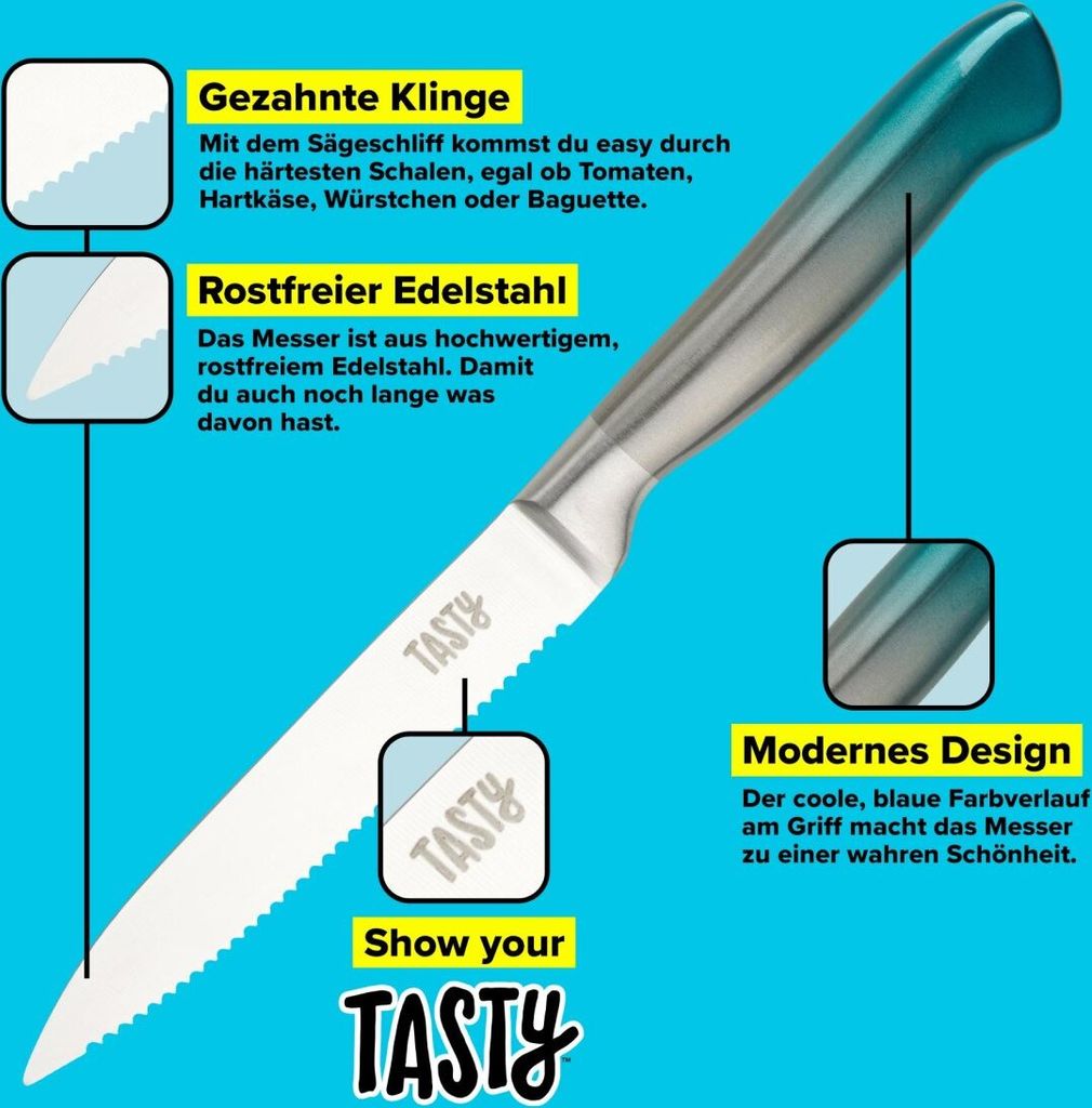 Tasty Küchenmesser aus Edelstahl, Brotmesser mit blauem Griff & Sägeschliff
