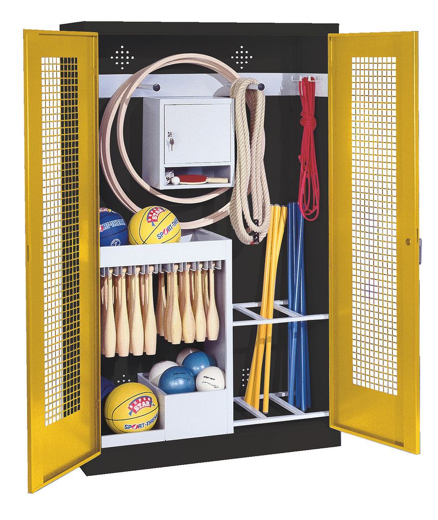 C+P Sportgeräteschrank mit Lochblech-Flügeltüren (Typ 1), HxBxT 195x120x50 cm, Ergo-Lock Muldengriff, Verkehrsgelb (RAL 1023), Anthrazit (RAL 70...