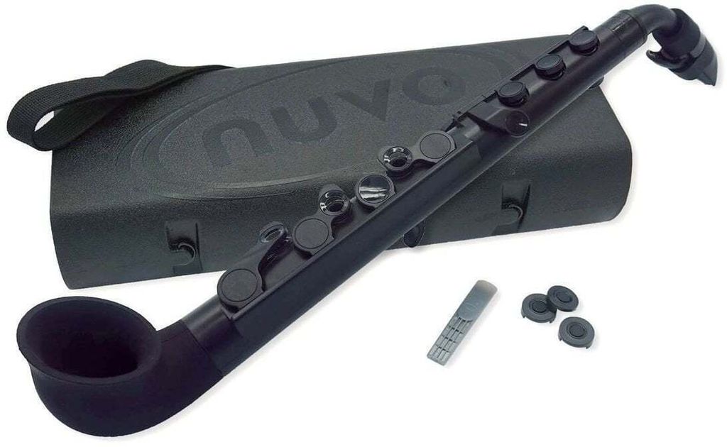 A black hybrid wind instrument and its case are displayed on a white background.