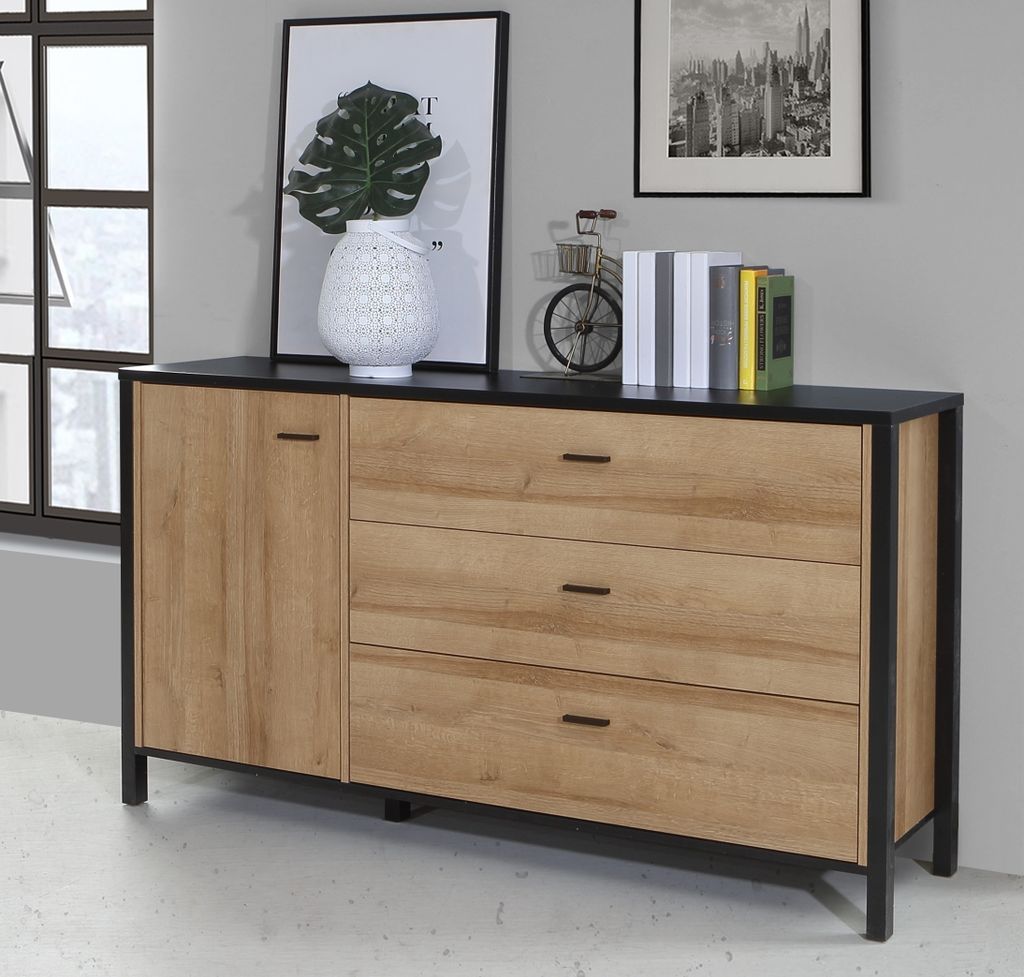 Sideboard >HIGH ROCK< in Schwarz/ Riviera Eiche Nachbildung, 3 Schubladen, 1 Tür - 151,3x85,1x40,2cm (BxHxT)