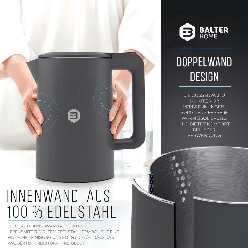 Balter Wasserkocher Edelstahl WK-4 1,7L Grau, leise